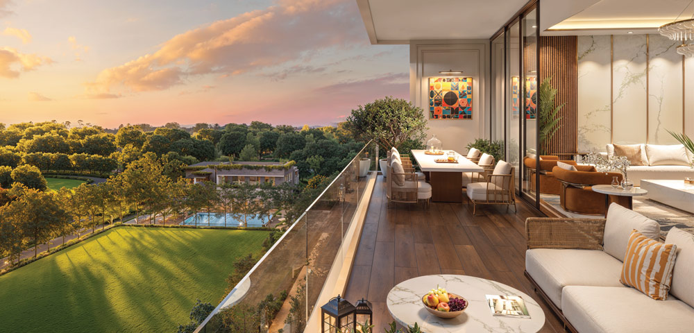 Balcony with lawn and pool view